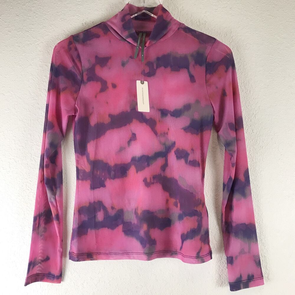 NWT Anthropologie Sheer Mesh Turtleneck Mock Neck Top Fairycore Tie Dye Size XS